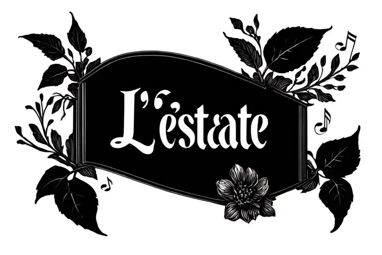 Art Nouveau-style "L'estate" inscription with plants and notes. tattoo design idea