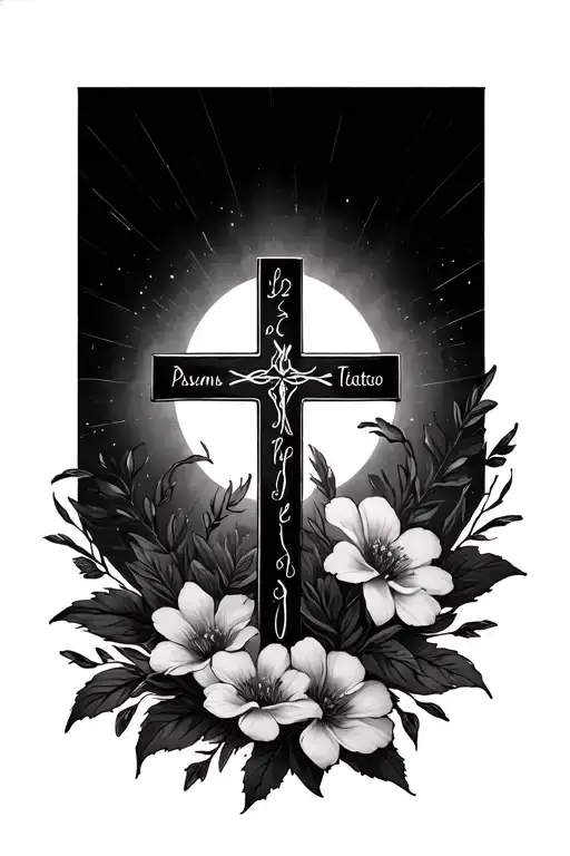 thin cross and psalms 23 verse and flowers tattoo design idea