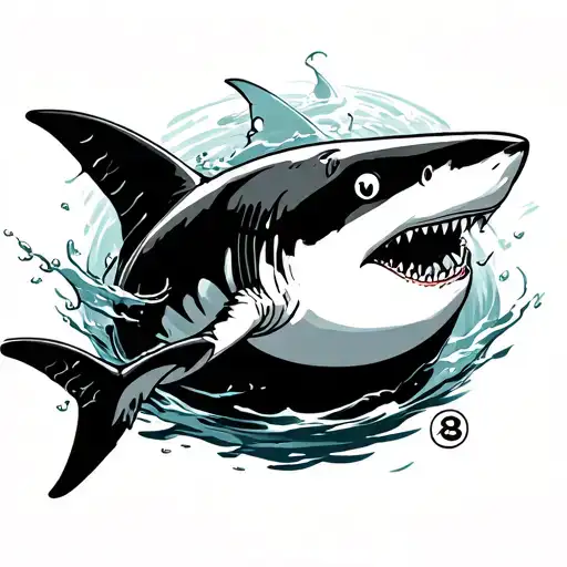 eight ball and a shark swimming tattoo design idea