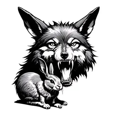 Snarling Wolf protecting a Rabbit tattoo design idea