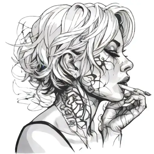 Sexy girl, Huge cleavage, petite, torn clothing, short white bob hairstyle, smoking a cigarette in mouth, side view tattoo design idea