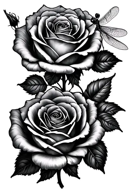 two roses with no stems with a dragonfly perched tattoo design idea