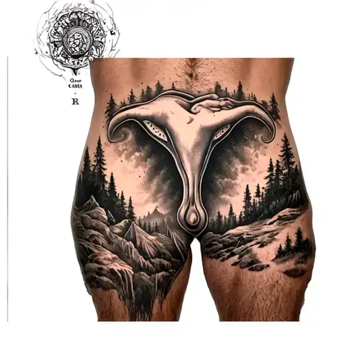 a tattoo of an artistic vulva placed between thighs of a man with wilderness spreading down to the inner thighs tattoo design idea