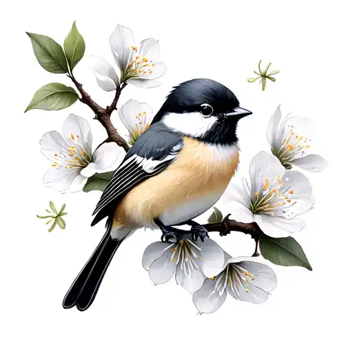 chickadee and apple blossoms tattoo design idea