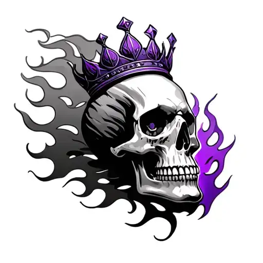  front facing flaming skull with purple crown tattoo design idea