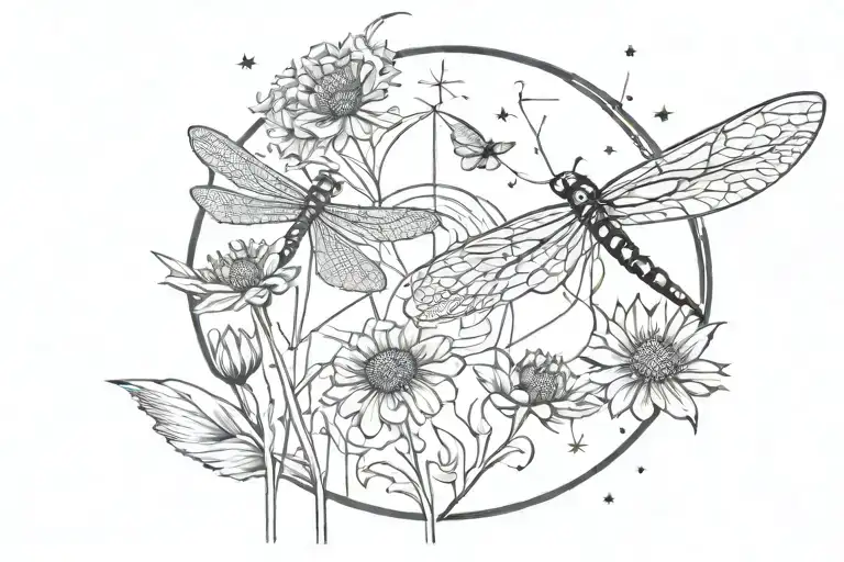 Dragonfly, Hummingbird,Dandelion in the wind, Gerberas flowers, Sun, moon Scorpio star sign, aries star sign tattoo design idea