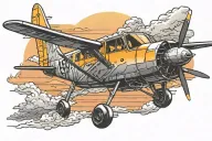 Single engine propeller Airplane flying into a sunset tattoo design idea