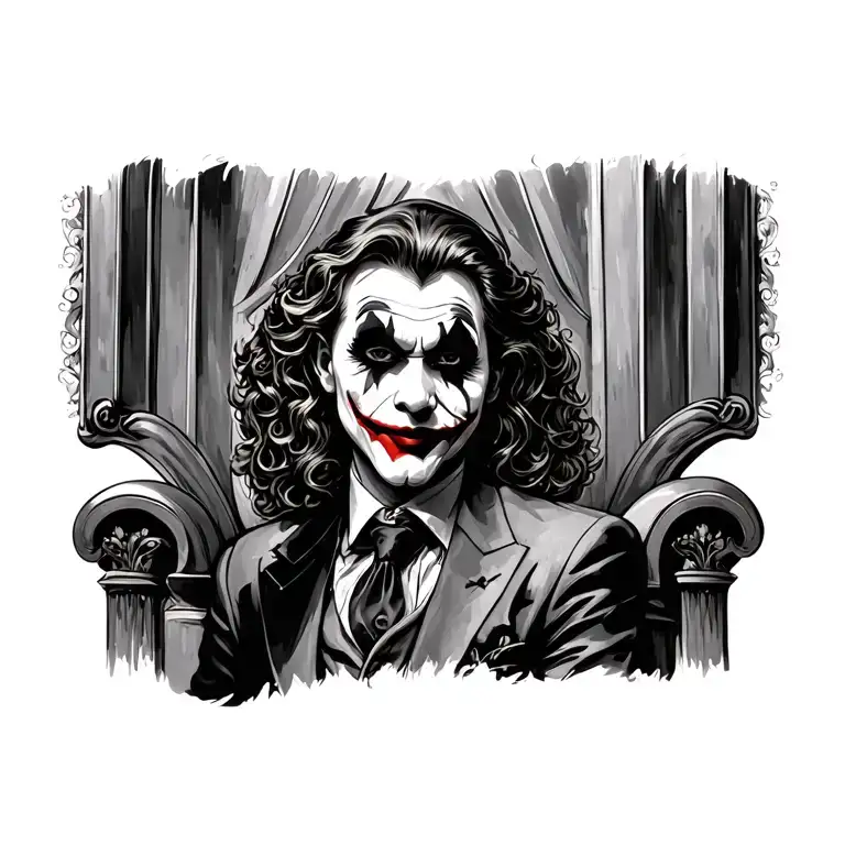 a joker being the queen's love standing up from the throne of the caption of my queen my love who's a joke now  tattoo design idea