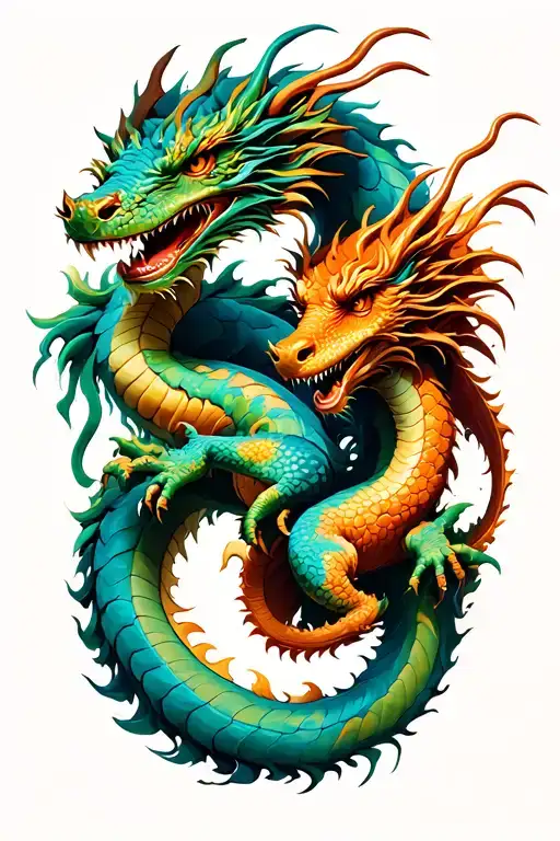 earth dragon and wood dragon intertwined representing the client's birth year tattoo design idea