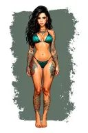 Sexy girl, petite, small boobs, wide hips, bikini . long hair,sexual. Seductive. Full Body, standing with legs and feet tattoo design idea