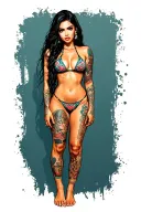 Sexy girl, petite, small boobs, wide hips, bikini . long hair,sexual. Seductive. Full Body, standing with legs and feet tattoo design idea