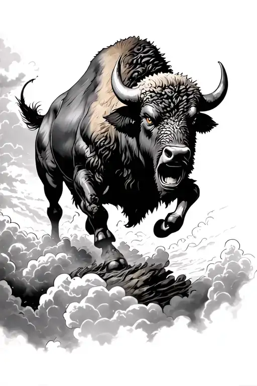 angry buffalo running into storm clouds tattoo design idea