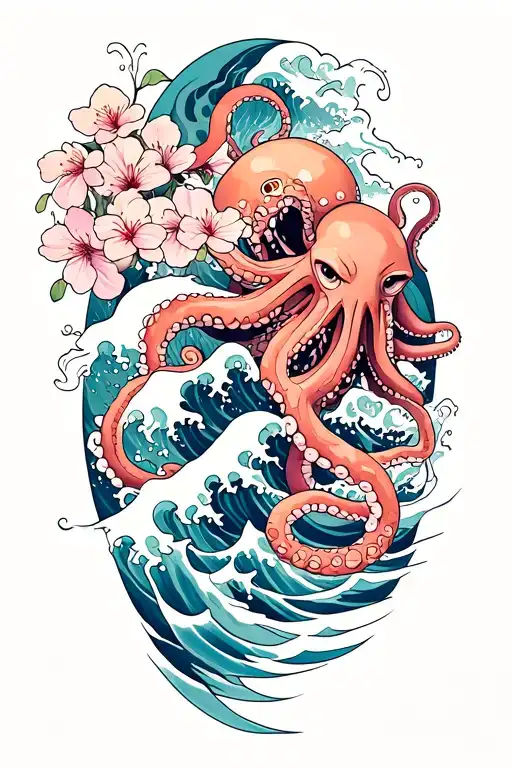 japaense water waves, cherry blossoms scattered, octopus tentacles wrapped around tattoo design idea