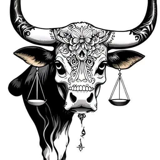 feminine bull with sugar skull markings and 2 Libra scales tattoo design idea