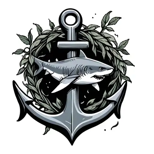 anchor with vines and shark swimming tattoo design idea