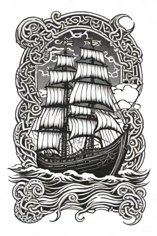 viking ship sailing with runes and norse gods tyr Nordic God tattoo design idea