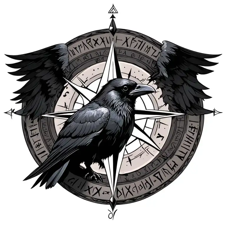 a raven with elder Futhark Nordic compass and runes tattoo design idea
