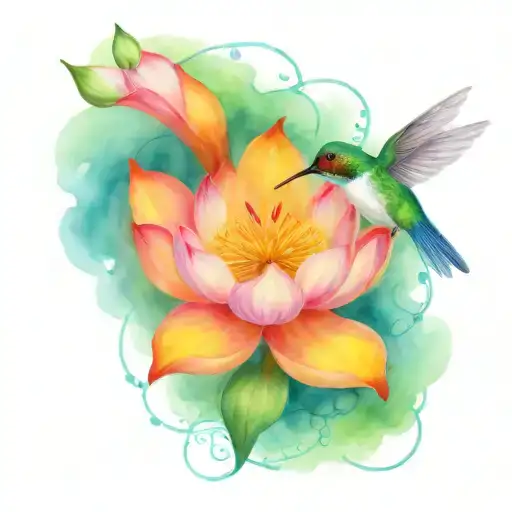one protective hummingbird above a lotus flower with nest and 3 small eggs inside  tattoo design idea