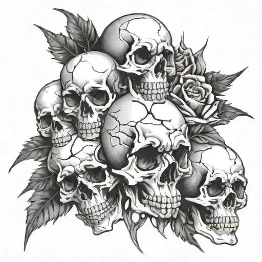 Little skulls places around a ? style engraving  and realist with thorns tattoo design idea