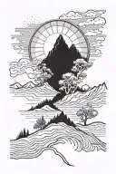 A serene mountain landscape with the sun rising behind it, symbolizing the journey of sobriety tattoo design idea