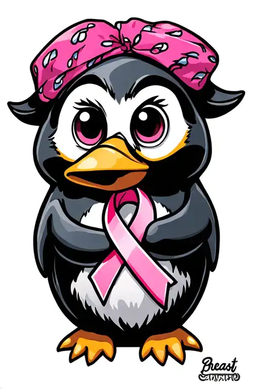 penguin and breast cancer ribbon tattoo design idea