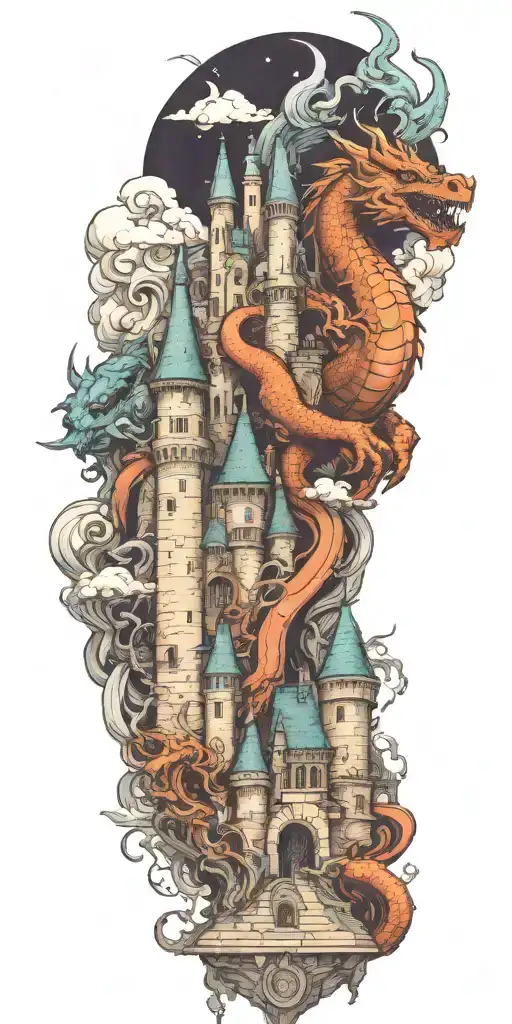 fantasy scene with castle, dragon, knight helmet and wizard tattoo design idea