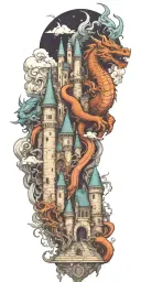 fantasy scene with castle, dragon, knight helmet and wizard tattoo design idea