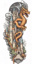 fantasy scene with castle, dragon, knight helmet and wizard tattoo design idea