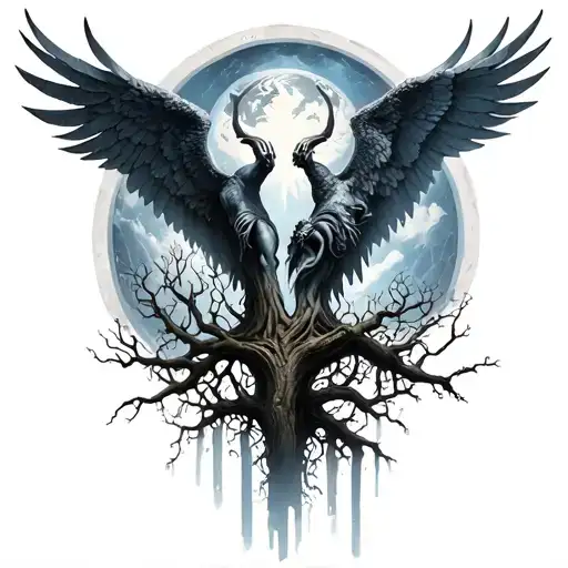 world tree good vs evil demons vs angels tattoo design idea