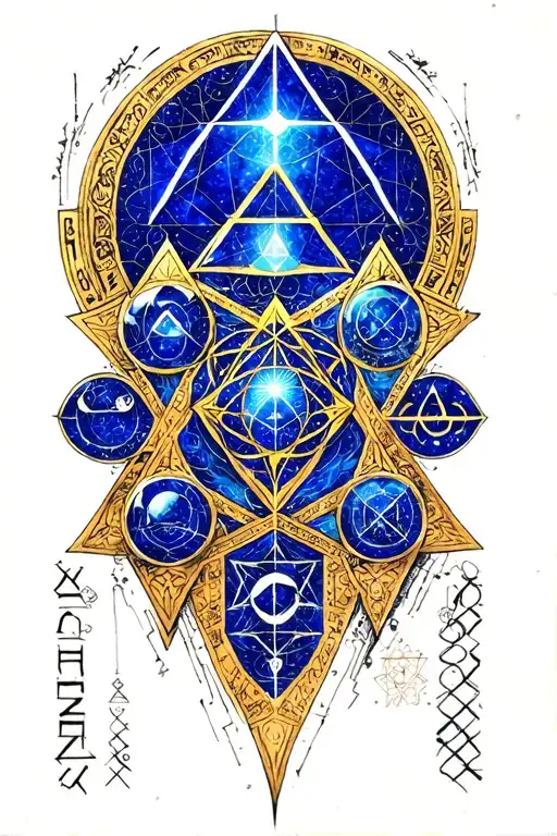 sacred geometry, esoteric symbolism, and Hermetic symbols, bold highlights of lapis lazuli blue, metatrons cube tattoo design idea