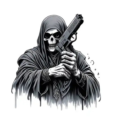realistic grim reaper holding glock tattoo design idea