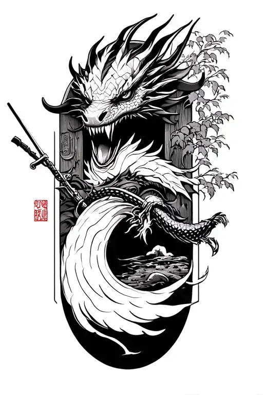 ninja and dragon and war  and scenery and japanese culture and japanese wooden doorways tattoo design idea