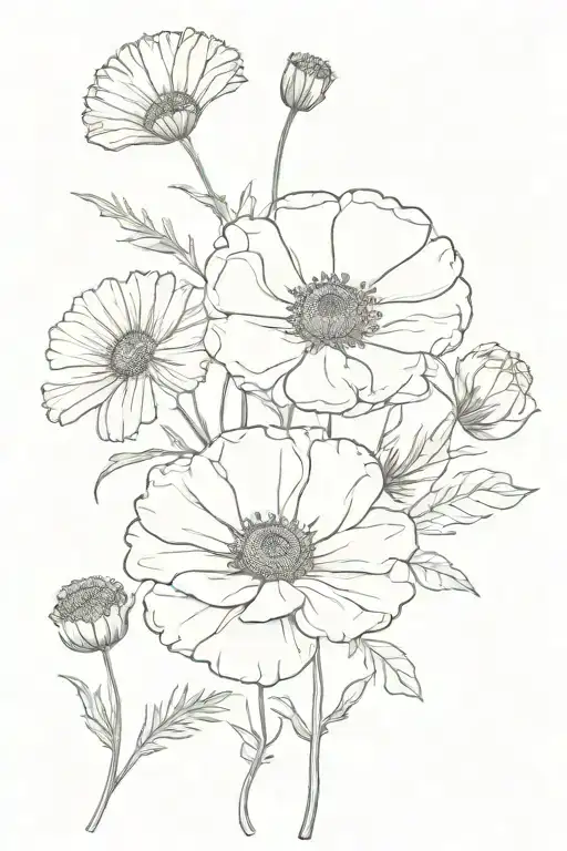 i want a tattoo of a bouquet of flowers. i want a marigold, daisy, and a poppy. i want it in black and white and i want  tattoo design idea