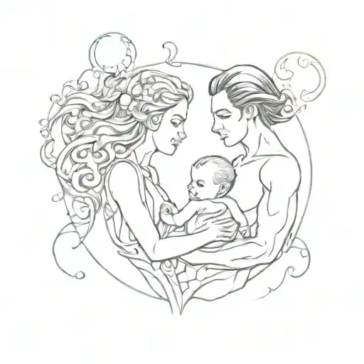 Gemini man and Aquarius woman holding a baby tattoo design idea