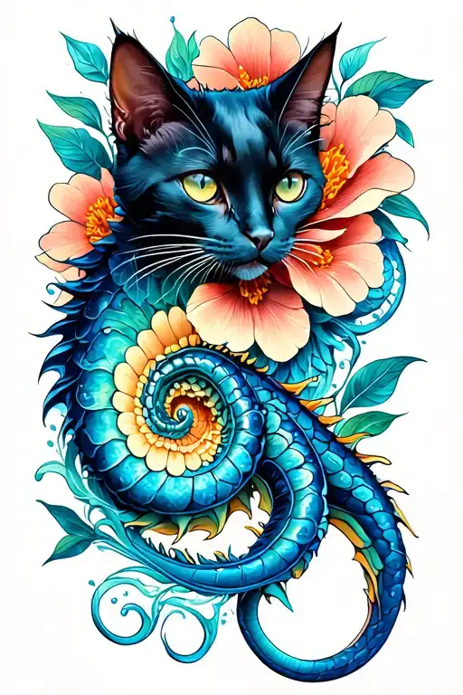 tattoo sleeve with art nouveau, ranunculus, black cat, supernova, blue sea dragon slug tattoo design idea