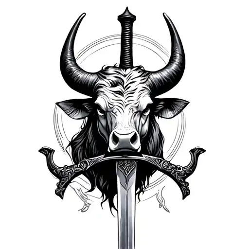 bull head profile holding sword tattoo design idea