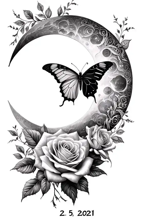 sun and moon merging together with roses a butterfly and the date 2-5-2021 in it in black and white in a tall position  tattoo design idea