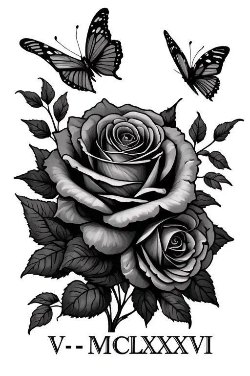 "V-I-MCMLXXXVI" roses blooming and butterflies fluttering tattoo design idea