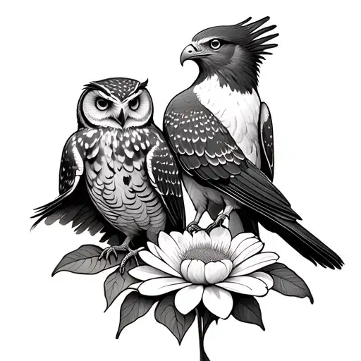 owl, peregrine falcon and dove on a flower blooming tattoo design idea