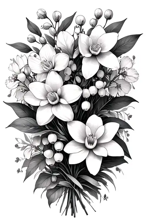 bouquet with daffodil, cherry blossoms, hawthorn, lily of the valley, water lily, and larkspur tattoo design idea