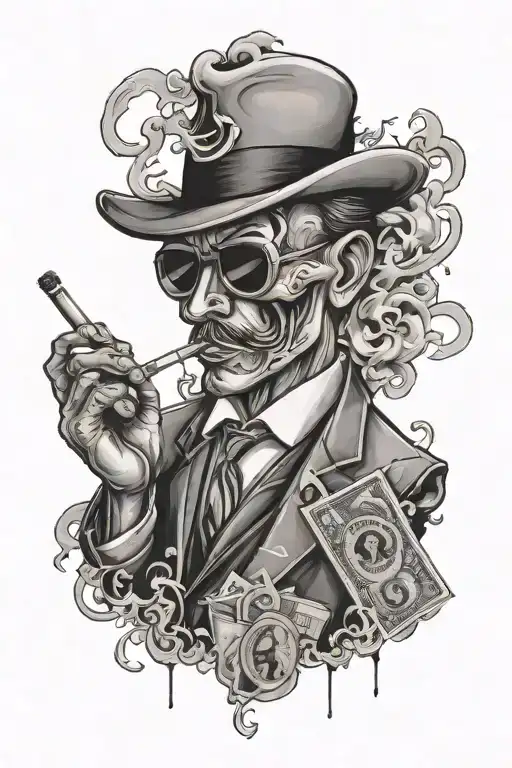 gangster smoking money symbols incorporated tattoo design idea