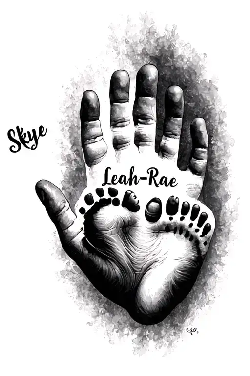 "Skye Leah-Rae " baby hand print and baby foot print in shape of a heart  tattoo design idea