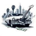 An bass guitar made out of money with a old Cadillac driving through Los Angeles in the background tattoo design idea