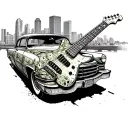 An bass guitar made out of money with a old Cadillac driving through Los Angeles in the background tattoo design idea