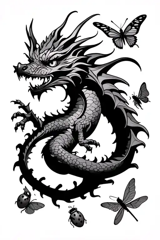 simple design of dragon with a butterfly, dragonfly, cardinal, and ladybug around it tattoo design idea