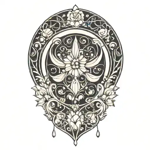 art nouveau, crescent moon, symmetrical floral design tattoo design idea
