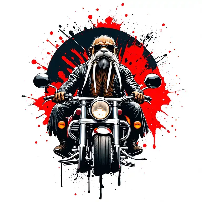 create an image of a male walrus biker with leathers, sunglasses and long grey goatee riding a harley ultra limited with tattoo design idea
