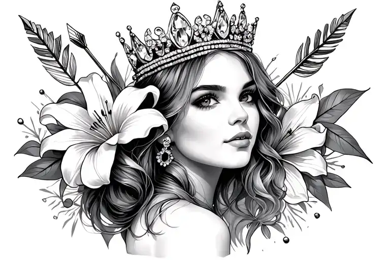 Ashley with a jeweled crown, arrow, and starburst lillies tattoo design idea