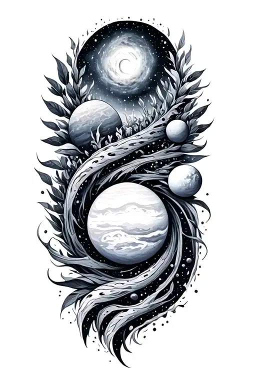 ayahuasca inspired with spiral galaxy filled with planets tattoo design idea