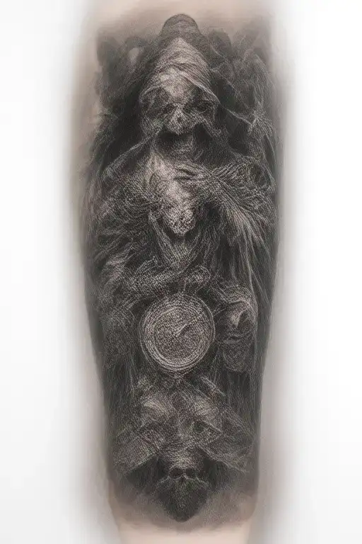 full tattoo sleeve grim reaper at the top, angry demon underneath, a broken clock and three skulls tattoo design idea